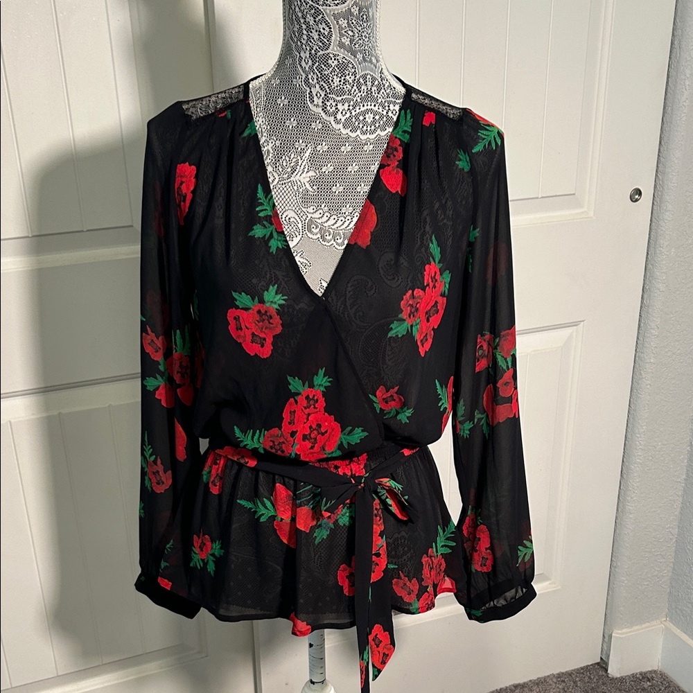 Express Black and Red Floral Blouse S